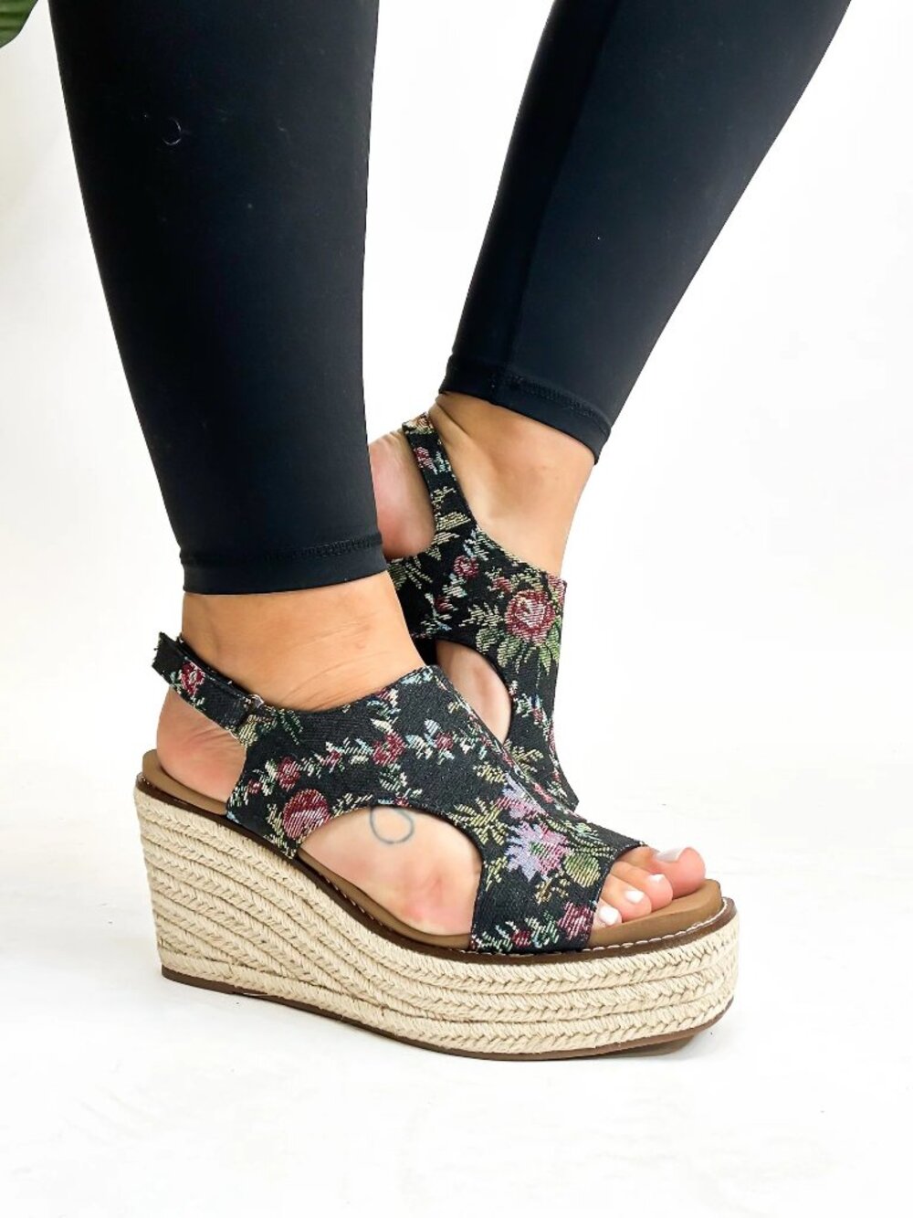 Corkys Floral Dreams Platform Wedge – Black Braided Espadrille Sandals - Picture 3 of 4